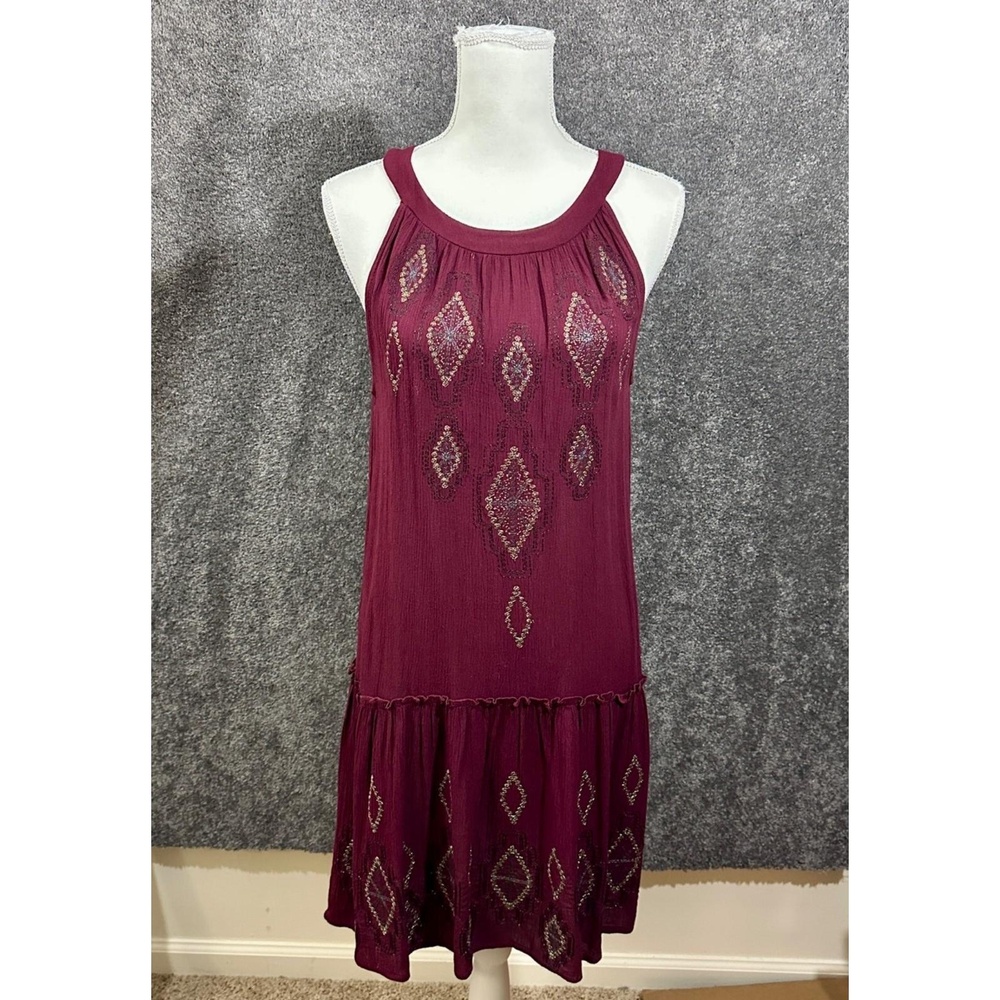 Davina Burgundy Sleeveless Embroidered Boho Dress With Ruffle Hem Small